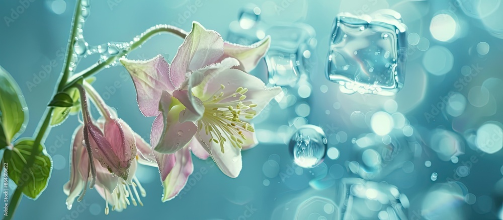 Aufkleber aquilegia flower branch set against an ice cube's backdrop with air bubbles, perfect for a spring ca