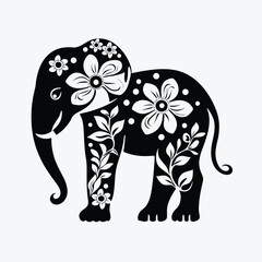 Contrast floral styled silhouette of a cute elephant