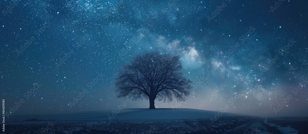 Poster the milky way forming an arc over a tree in a clear winter night, creating an enchanting scene in th