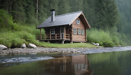 Fototapeta premium a small wooden cabin by a river, with clear water flowing gently past and a backdrop of dense forest, highlighting the peaceful coexistence with nature.
