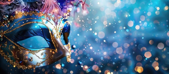 Close-up of a carnival mask against a sparkling blue backdrop, embodying the Mardi Gras theme, featuring copy space for additional elements in the image.