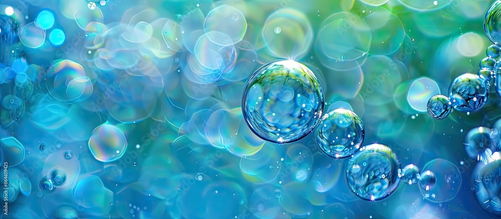 Poster close-up macro shot showing water bubbles against a blue and green background, creating a copy space