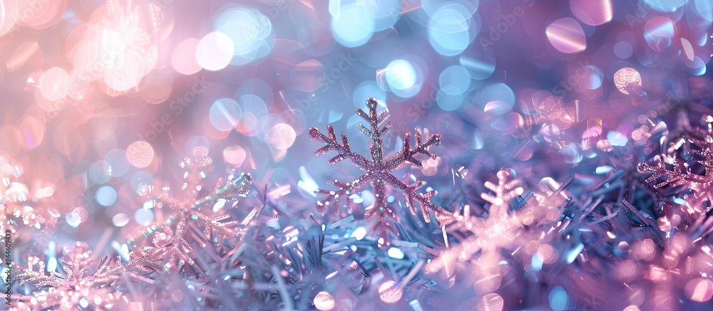 Poster an abstract christmas-themed bokeh background featuring delicate snowflakes and copy space image.