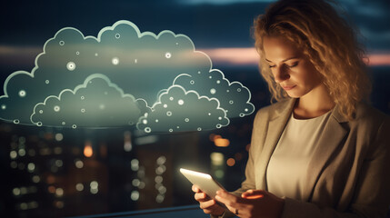 A young businesswoman using a smartphone with cloud technology concepts in the style of a city background at night.