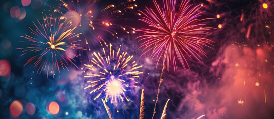 Fototapeta premium Celebrate with stunning firework banners for special occasions, with vibrant overlays creating an incredible backdrop. Enjoy the vibrant copy space image!