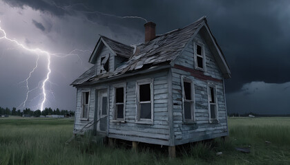 creepy wooden house with peeling paint and boarded-up windows, set against a stormy sky with lightning illuminating the ominous surroundings.
