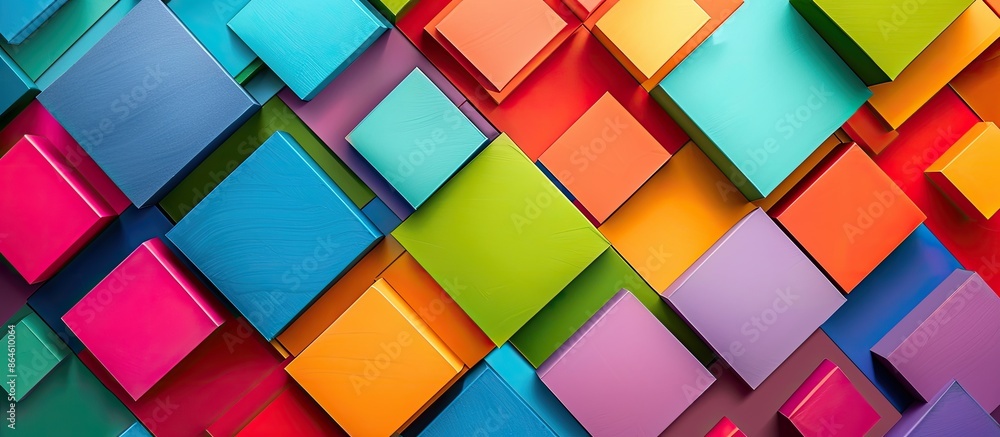 Fototapete geometric squares in vibrant colors set against an abstract, multicolored backdrop with copy space i