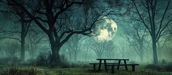 Eerie forest setting with barren trees and rustic table under a full moon night sky, perfect for a Halloween-themed copy space image.