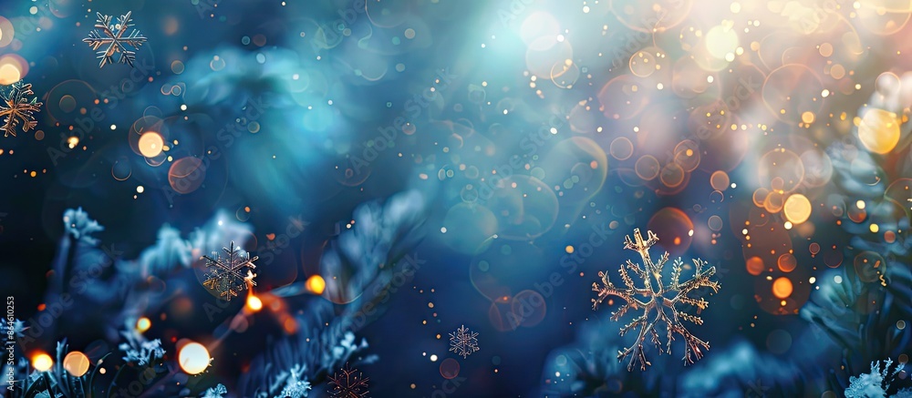 Poster an abstract christmas-themed bokeh background featuring delicate snowflakes and copy space image.