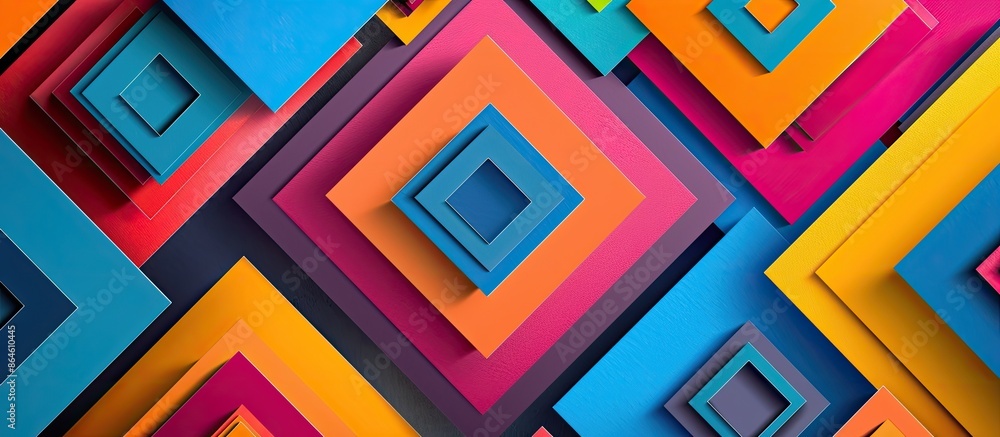 Fototapete geometric squares in vibrant colors set against an abstract, multicolored backdrop with copy space i