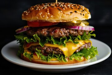 Layered juicy double cheeseburger with fresh lettuce, tomatoes, onions, pickles and melted cheese, gourmet fast food, restaurant menu on black background