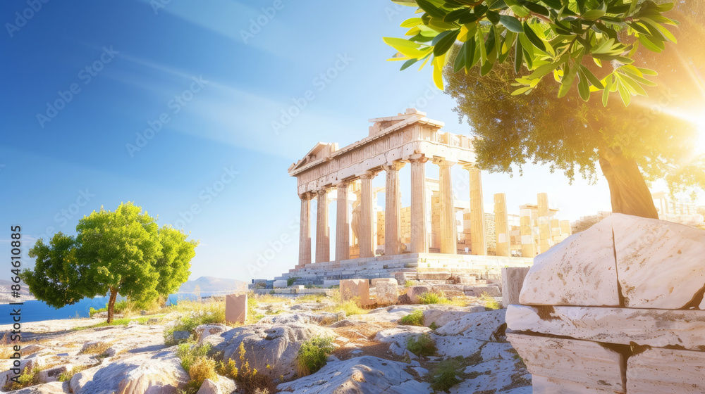 Poster a beautiful view of the acropolis of athens with a tree in the foreground, antique architecture