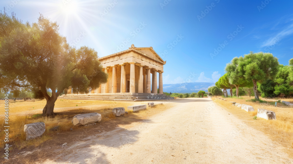 Poster a large building with columns and a tree in front of it, antique architecture