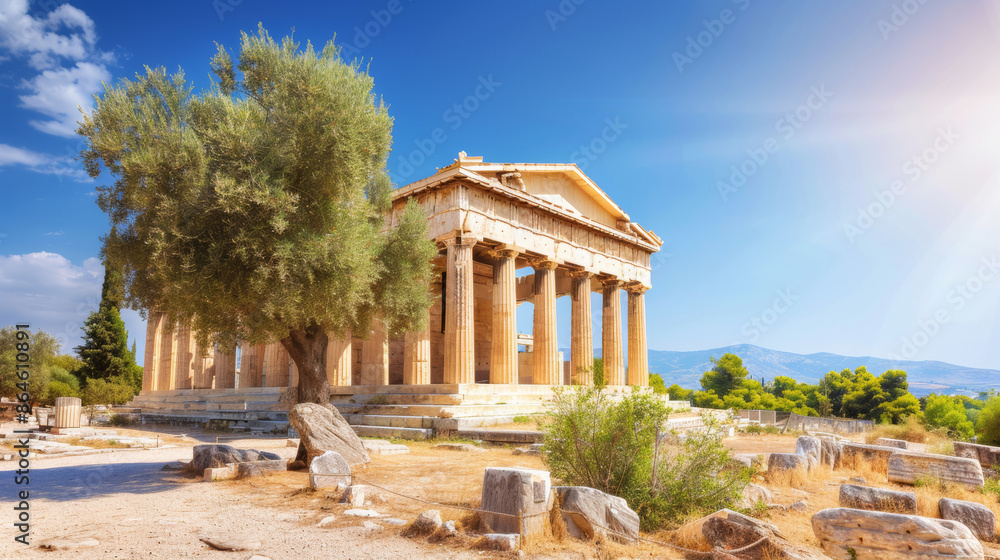 Poster a large building with columns and a tree in front of it, antique architecture