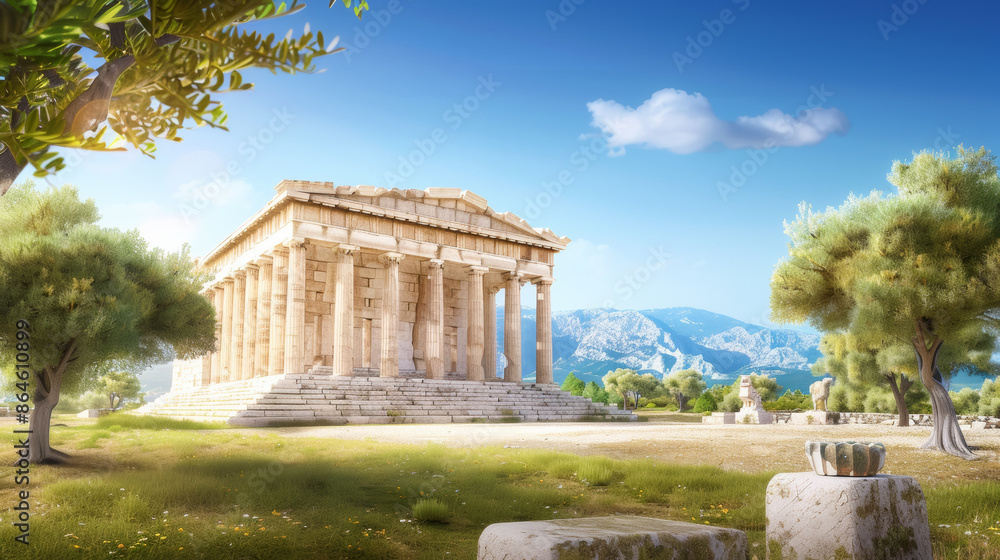 Poster a large white building with columns, antique architecture