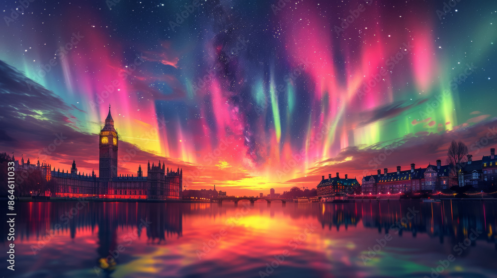 Poster a colorful aurora with a large building in the background