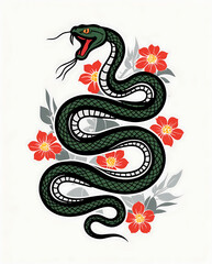 Obraz premium Green Snake with Red Flowers