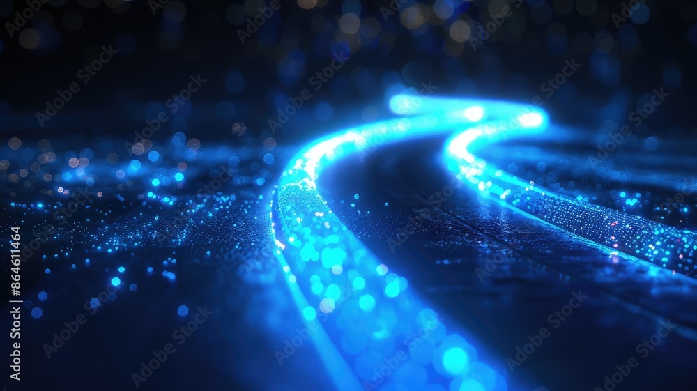 Poster abstract digital waves with blue glowing dots on a dark background. digital art of neon path way wit