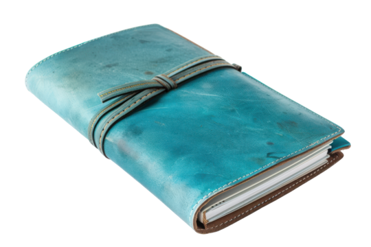 A stylish aqua travel journal isolated on a transparent background. Perfect for documenting summer vacations