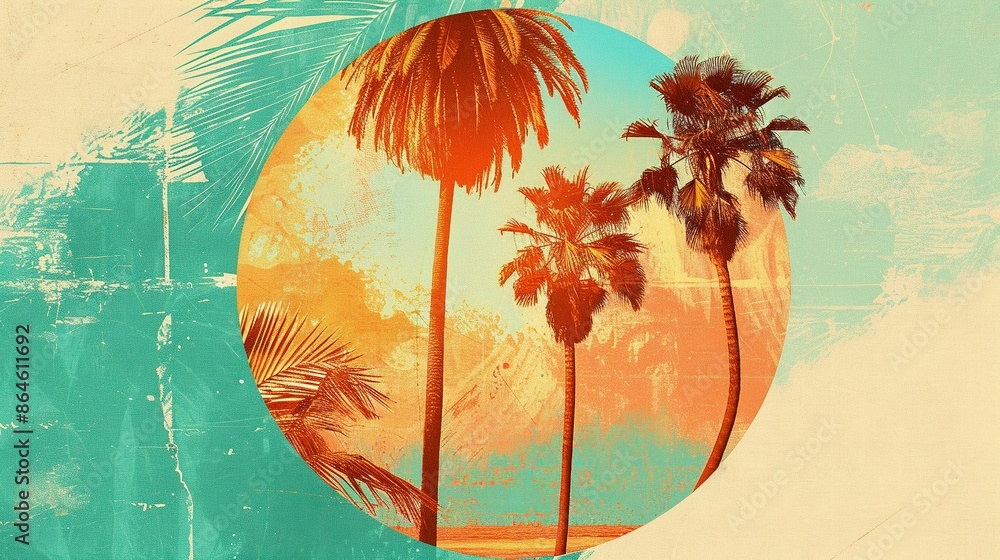 Fototapete retro collage with circular palm tree frame and vibrant abstract summer motifs in warm citrus shades