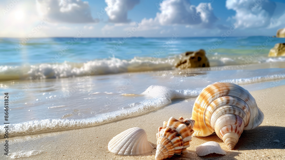 Poster a shell and a shell are laying on the beach