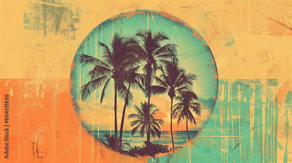 Fototapete retro collage with circular palm tree frame and vibrant abstract summer motifs in warm citrus shades