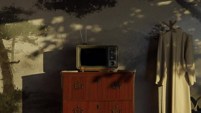 old retro tv with alpha channel screen covered by the shadows of a moving tree