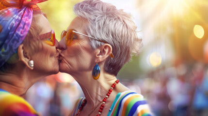 Two older women kissing each other in a crowd, older lesbian couple