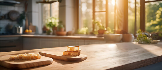 Obraz premium Kitchen background top counter interior wood blur home wooden empty room light white. Top kitchen product background desk modern window food display design texture tabletop restaurant board wall space