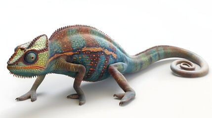 Naklejka premium 2. Generate a high-resolution image of a chameleon in a dynamic pose, capturing its unique features and vibrant colors, with no text or logos, suitable for a seamless integration onto a white