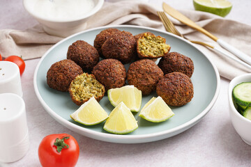 Plate with delicious falafel balls, lime and tomato on light background, closeup