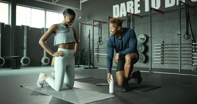 Woman, high five and personal trainer for success at gym, sports goals and workout motivation of exercise progress. Smile, athlete and man for support, hydrate and congratulation of teamwork