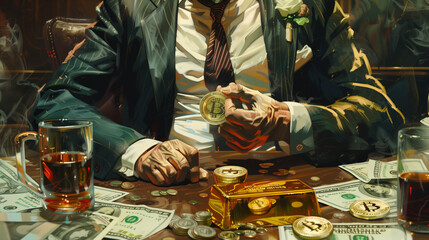 Rich man, the boss, sits at a table strewn with cash money, holding a gold bar and a bitcoin coin, symbolizing financial prowess and wealth in the cryptocurrency market or online trading.