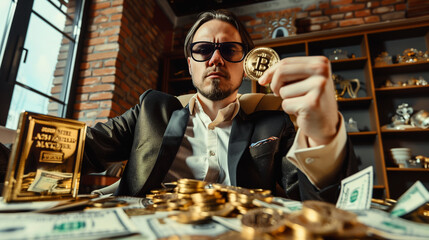 Rich man, the boss, sits at a table strewn with cash money, holding a gold bar and a bitcoin coin, symbolizing financial prowess and wealth in the cryptocurrency market or online trading.
