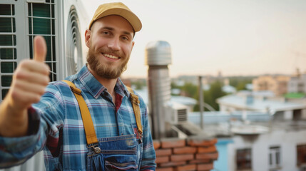 Portrait of happy smiling male worker technician wearing overall installing air conditioner and looking cheerful at camera showing thumb up sigh on rooftop. Ventilation system maintenance concept