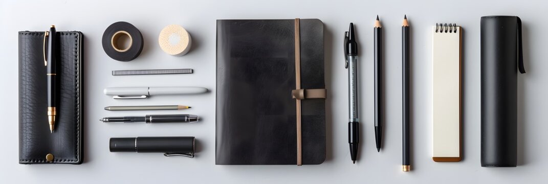 Black and White Office Supplies on a White Background