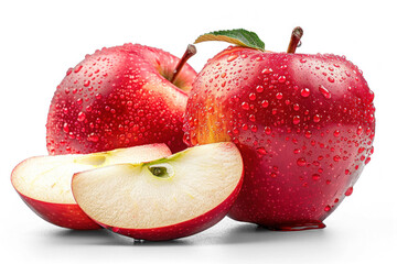 Close up of vibrant apples covered in water droplets on isolated background.