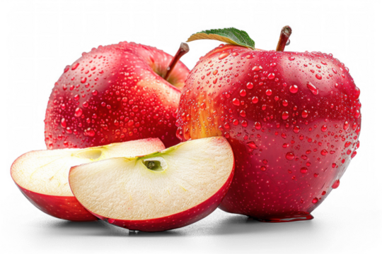 Close up of vibrant apples covered in water droplets on isolated background.