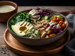 Colorful vegan Buddha bowl with fresh vegetables, quinoa, and avocado.