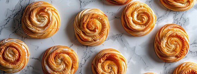 Fototapeta premium Freshly Baked Golden Brown Pastry Rolls on Marble Surface