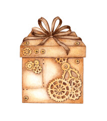 Gift box brown with bow in steampunk style watercolor illustration. The box is decorated with gears and cogs.  Isolated from the background. Ideal for cards, covers, posters, packaging, advertising.