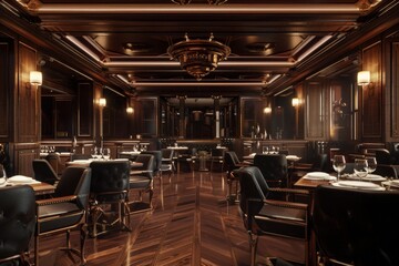 A fancy steakhouse with dark wood paneling 