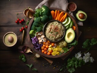 Colorful vegan Buddha bowl with fresh vegetables, quinoa, and avocado.