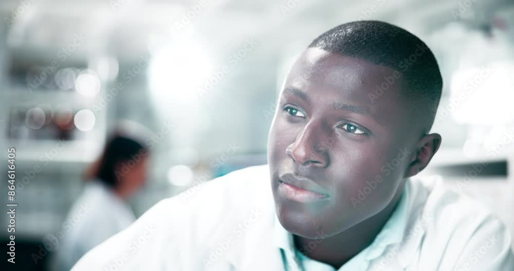 Poster laboratory, thinking and black man at computer, reading research for education study and biotechnolo