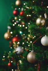 Christmas Tree Decorated With Ornaments on Green Background