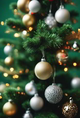Christmas Tree Decorated With Ornaments on Green Background