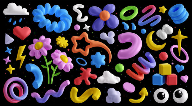 Colorful 3D shapes. Аbstract gradient lines, spark and star shape, geometric heart, moon, lightning bolt and arrow. Isolated spring spiral, ring, circle plate and sphere renders. Vector set