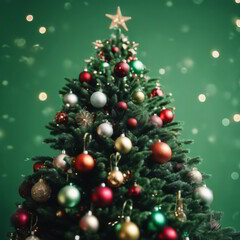Fototapeta premium Christmas Tree Decorated With Ornaments on Green Background