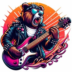 Bear Playing Electric Guitar Illustration for T-Shirt Design