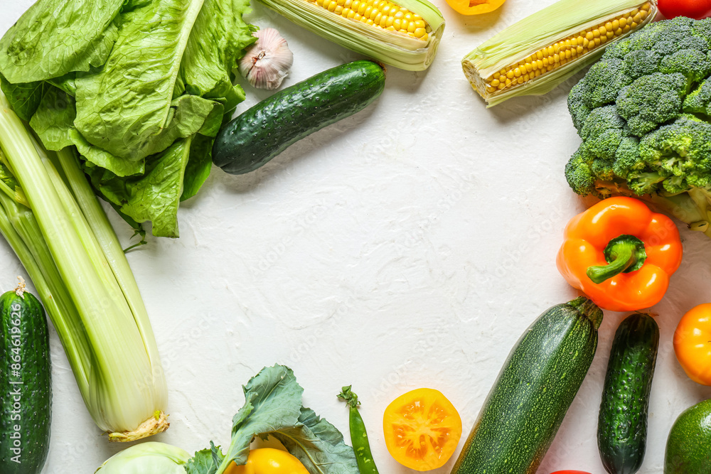 Sticker frame made of different fresh vegetables on white background